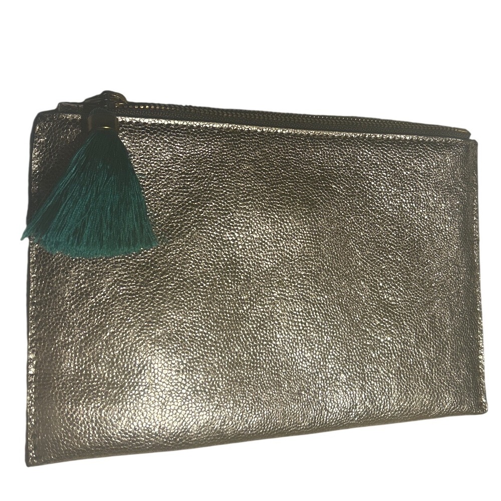 J.Crew Metallic Gold Pebbled Leather Green Tassel Clutch Bag 8.25" x 5.5" NWT